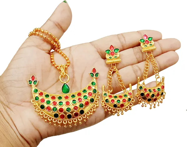 Assamese_Traditional_Gold_Plated_Red_Green_Colour_Joonbiri_Chain_Jewellery_Set_For_Women